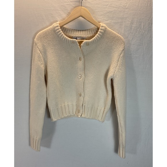 NEW Zara Cream Cable Knit Cropped Wool Blend Cardigan Sweater boxy size M - Picture 1 of 8